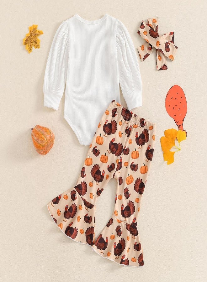 Lukivech My First Thanksgiving Baby Girl Outfit Newborn Puff Long Sleeve Ribbed Knit Romper Turkey Flare Pants Headband Set(White, 6-12 Months) - Image 3