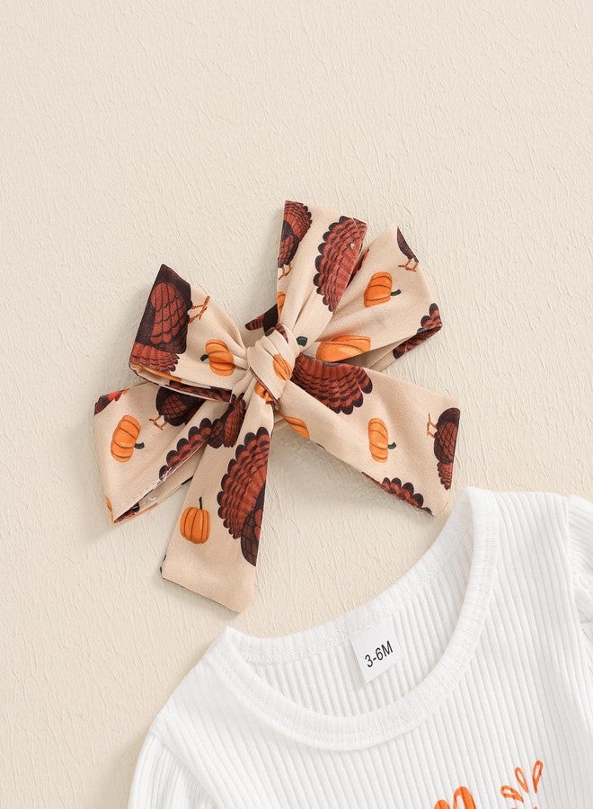 Lukivech My First Thanksgiving Baby Girl Outfit Newborn Puff Long Sleeve Ribbed Knit Romper Turkey Flare Pants Headband Set(White, 6-12 Months) - Image 4