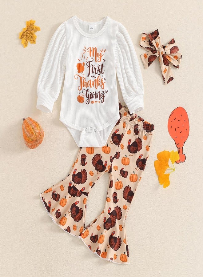 Lukivech My First Thanksgiving Baby Girl Outfit Newborn Puff Long Sleeve Ribbed Knit Romper Turkey Flare Pants Headband Set(White, 6-12 Months) - Image 2