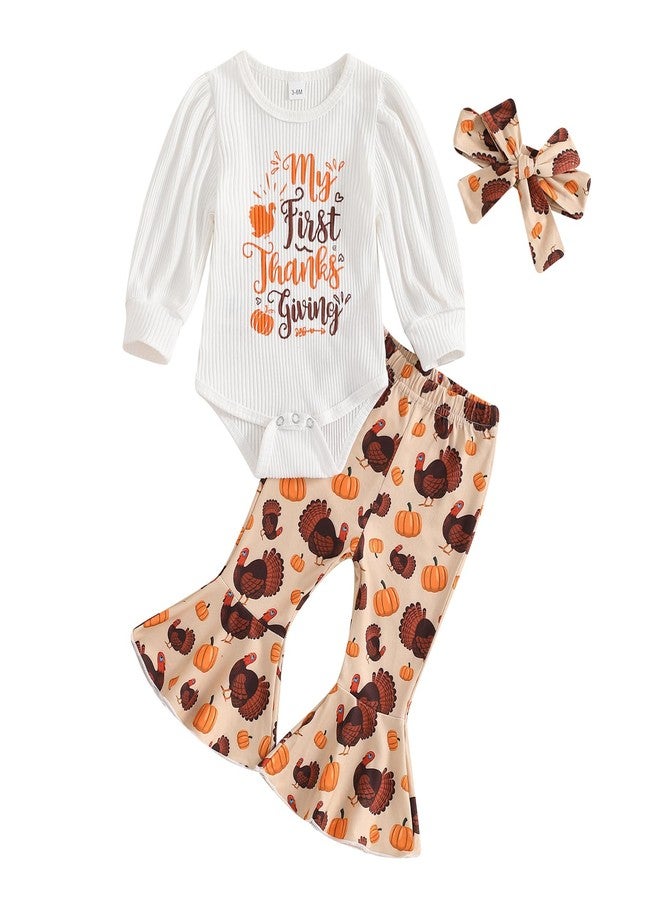 Lukivech My First Thanksgiving Baby Girl Outfit Newborn Puff Long Sleeve Ribbed Knit Romper Turkey Flare Pants Headband Set(White, 6-12 Months) - Image 1