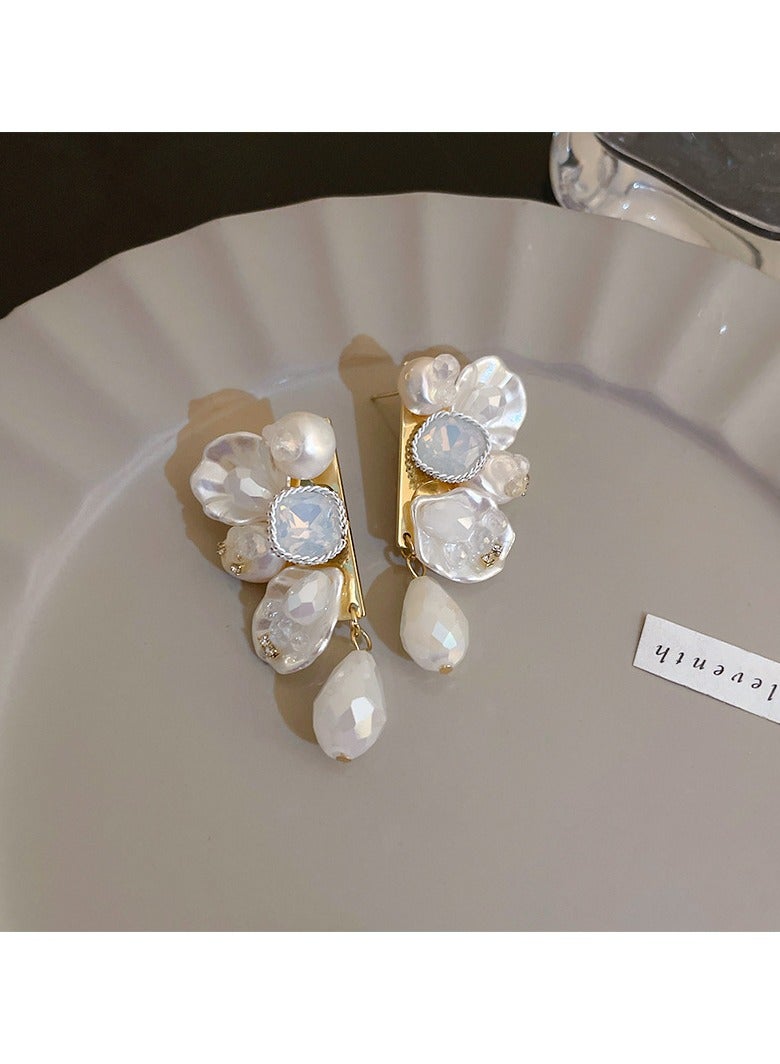 White Flower Cut Pearl Earrings 