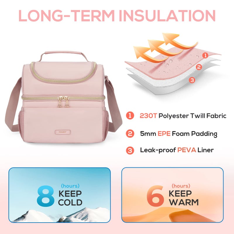TOURIT Insulated Lunch Bag with Dual Compartment, Leakproof Cooler Tote for Work Office Picnic, Thermal Food Container Pink - Image 3