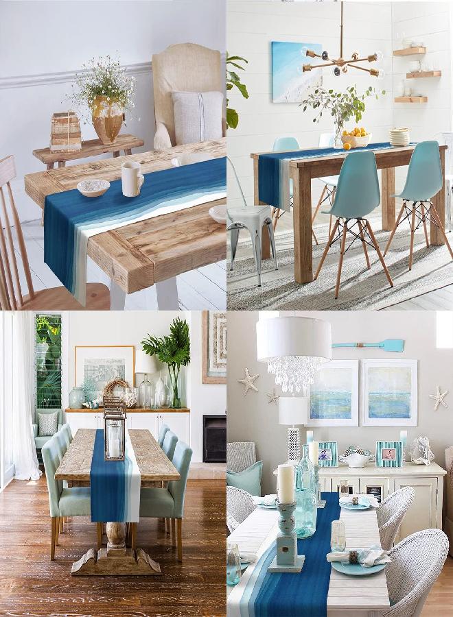 Vandarllin Blue White Table Runner, Non-Slip Dining Table Runners for Kitchen, Ombre Ocean Wave Coffee Table Runners Dresser Scarf for Living Room Garden Wedding Parties (13x90 inches Long) - Image 2