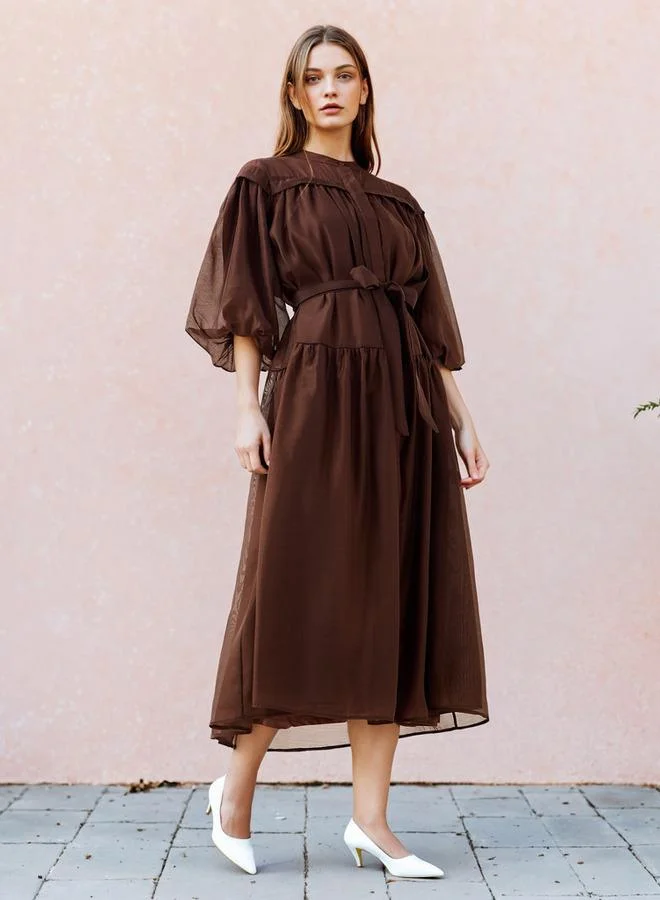 2Xtremz 2Xtremz Sheer Tiered Midi Dress with Mandarin Collar