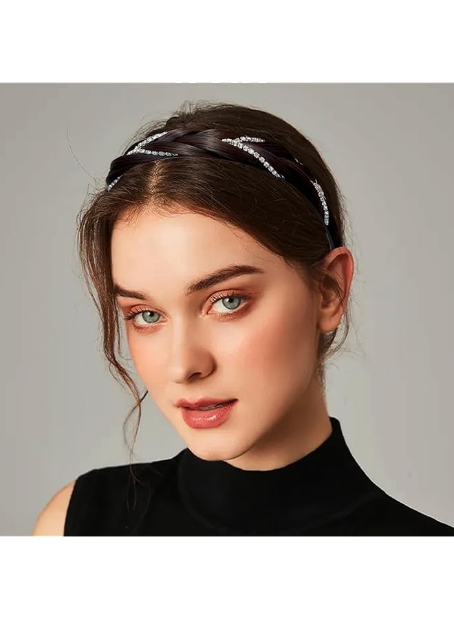 كاست ويف عصابة رأس مضفرة من 4 خيوط صناعية، قطعة شعر مضفرة مضادة للانزلاق مع مجوهرات من أحجار الراين للنساء والفتيات، رباط شعر مطاطي، إكسسوار جمال كلاسيكي أسود - Image 2