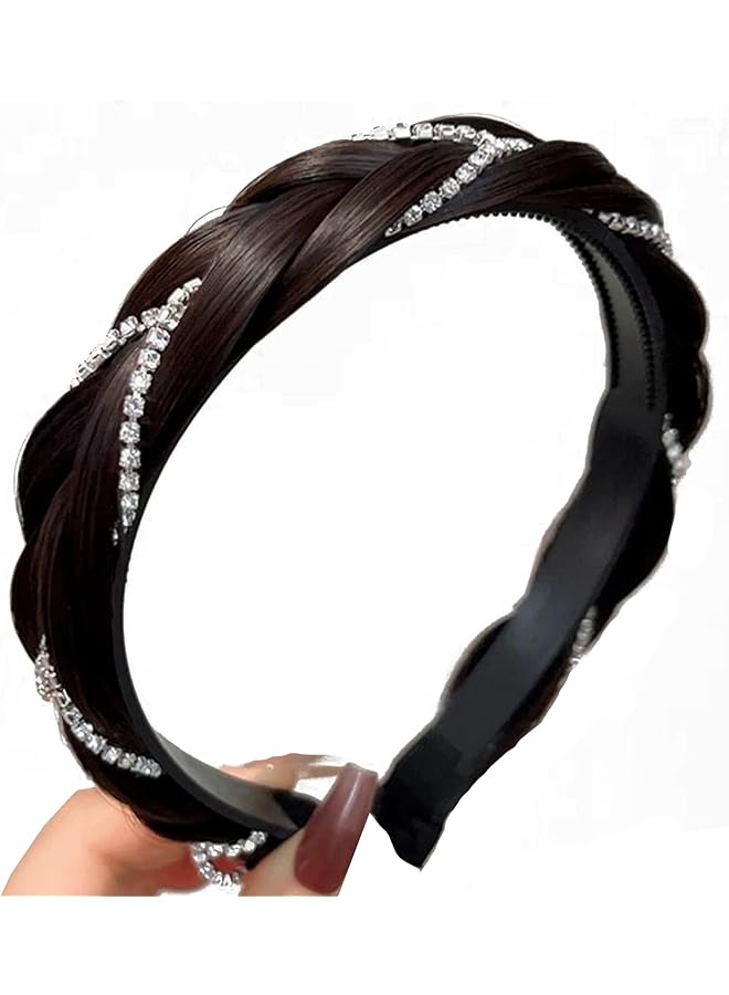 كاست ويف عصابة رأس مضفرة من 4 خيوط صناعية، قطعة شعر مضفرة مضادة للانزلاق مع مجوهرات من أحجار الراين للنساء والفتيات، رباط شعر مطاطي، إكسسوار جمال كلاسيكي أسود - Image 1