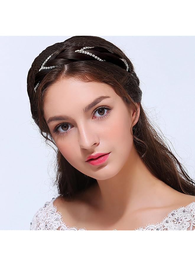 كاست ويف عصابة رأس مضفرة من 4 خيوط صناعية، قطعة شعر مضفرة مضادة للانزلاق مع مجوهرات من أحجار الراين للنساء والفتيات، رباط شعر مطاطي، إكسسوار جمال كلاسيكي أسود - Image 3