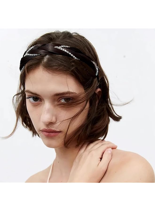 كاست ويف عصابة رأس مضفرة من 4 خيوط صناعية، قطعة شعر مضفرة مضادة للانزلاق مع مجوهرات من أحجار الراين للنساء والفتيات، رباط شعر مطاطي، إكسسوار جمال كلاسيكي أسود - Image 4