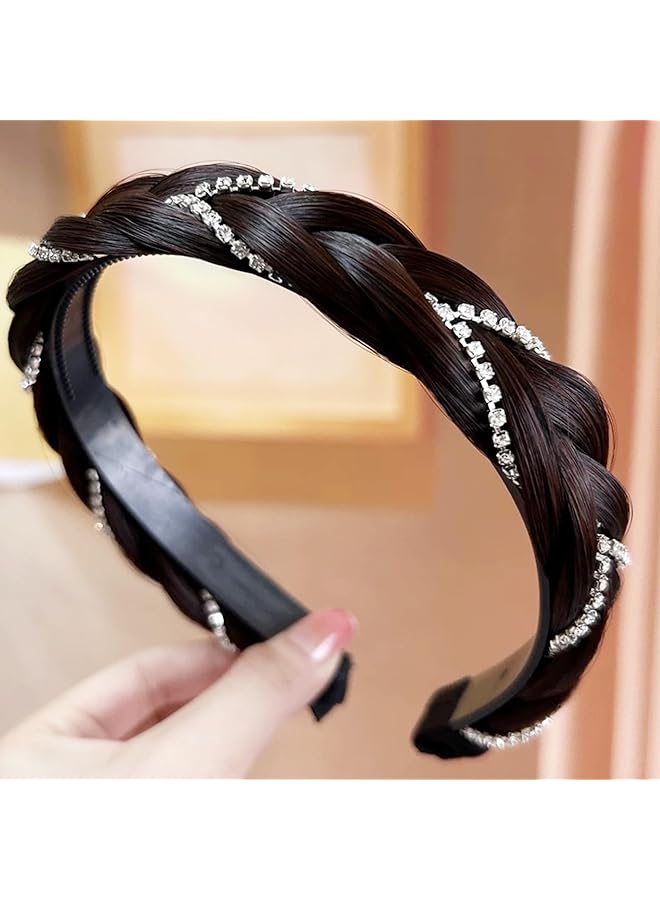كاست ويف عصابة رأس مضفرة من 4 خيوط صناعية، قطعة شعر مضفرة مضادة للانزلاق مع مجوهرات من أحجار الراين للنساء والفتيات، رباط شعر مطاطي، إكسسوار جمال كلاسيكي أسود - Image 5