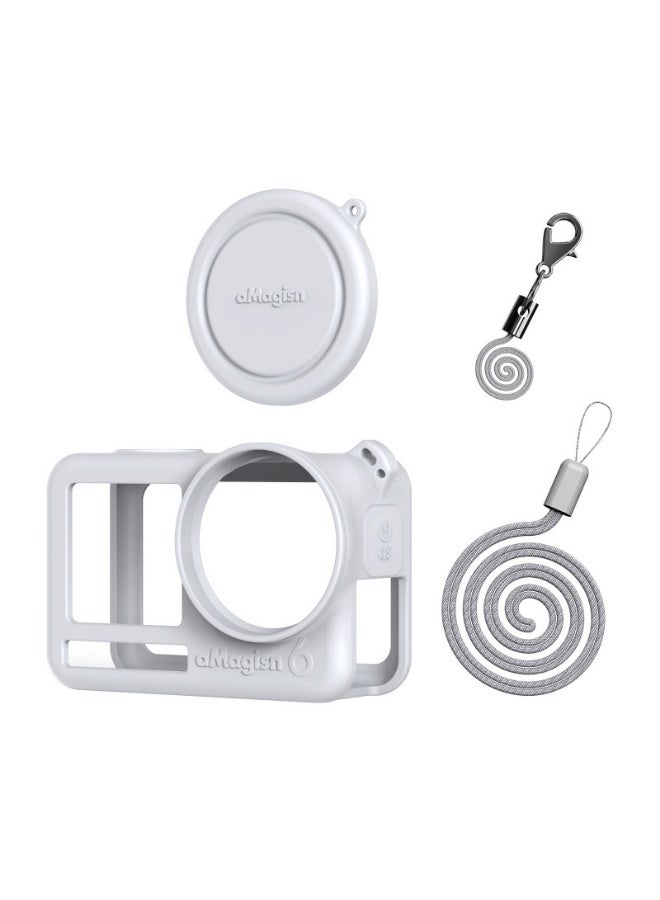 aMagisn لـ DJI Action 6 غطاء سيليكون لحماية الكاميرا، غطاء كامل للجسم مع فتحات دقيقة، حامل سريع التركيب، حبال عنق ومضادة للسقوط (أبيض) - Image 1