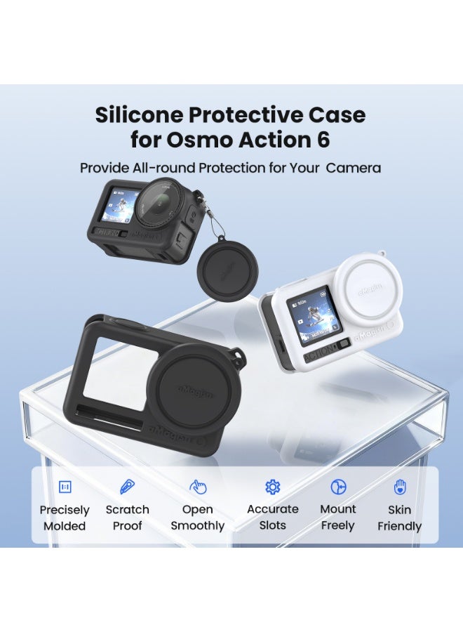 aMagisn لـ DJI Action 6 غطاء سيليكون لحماية الكاميرا، غطاء كامل للجسم مع فتحات دقيقة، حامل سريع التركيب، حبال عنق ومضادة للسقوط (أبيض) - Image 2