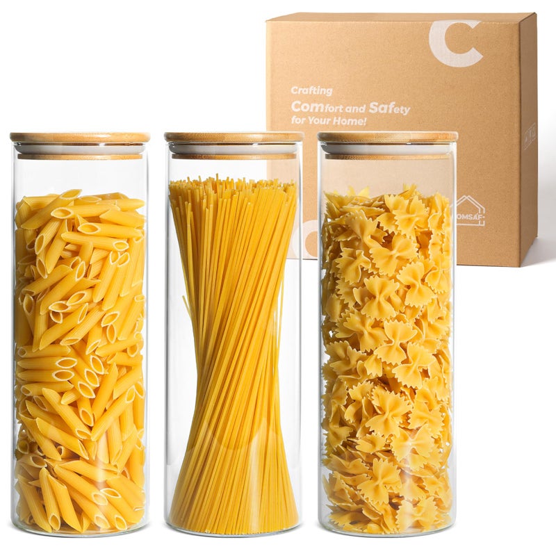 ComSaf Glass Spaghetti Pasta Storage Container with Lids 70oz Set of 3, Tall Clear Airtight Food Storage Jar with Wood Cover Kitchen Pantry Storage Container for Noodles Flour Cereal Coffee Beans - Image 1