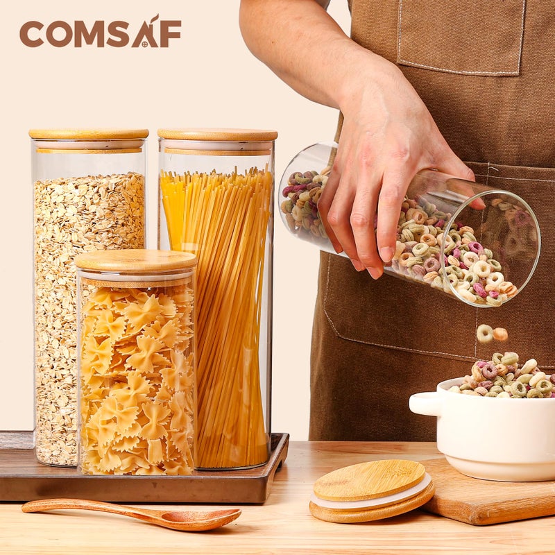 ComSaf Glass Spaghetti Pasta Storage Container with Lids 70oz Set of 3, Tall Clear Airtight Food Storage Jar with Wood Cover Kitchen Pantry Storage Container for Noodles Flour Cereal Coffee Beans - Image 5