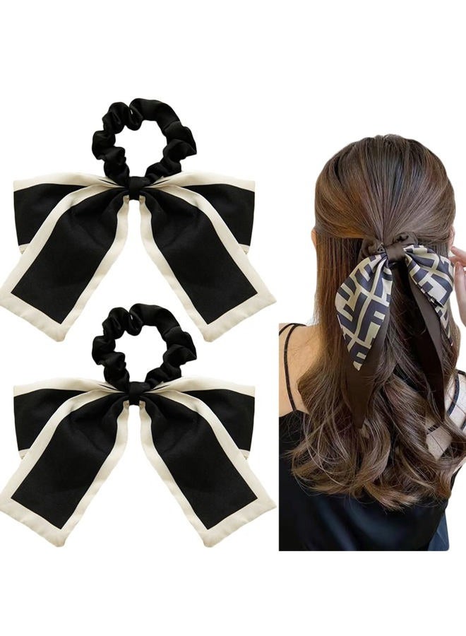 DINPREY 2 Pcs Black White Hair Accessories: Chiffon Ribbon Bow Scrunchies, Short Hair Ties with Bow for Women and Girls (Black) - Image 1