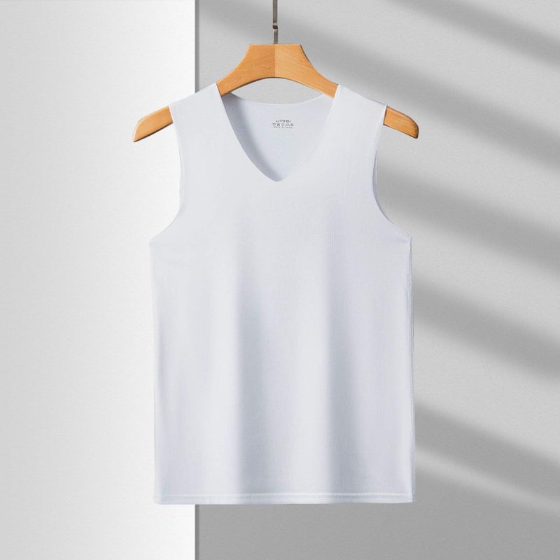 Mens Seamless Vest Sleeveless V-Neck Free-Cut Ice Silk Tight-Fit Sports Hurdle Super Elastic Summer Slim Water ash.-V-neck  - Image 3