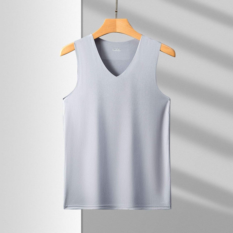 Mens Seamless Vest Sleeveless V-Neck Free-Cut Ice Silk Tight-Fit Sports Hurdle Super Elastic Summer Slim Water ash.-V-neck  - Image 1