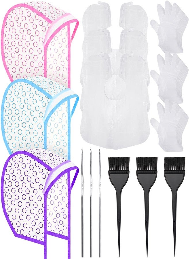 Boao 3 Sets Highlight Cap Sets, Highlighting Caps for Hair, Dye Bleach Cap With Hole And Hook, Dye Kit for Hair Frosting, Highlighting, Color Accessories (Assorted Colors) - Image 1