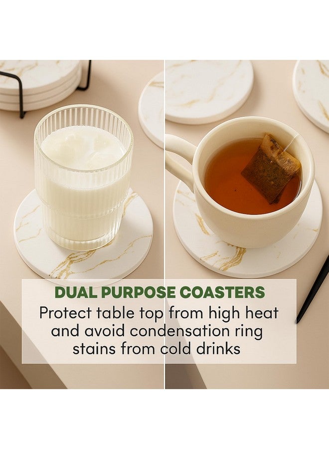 Decor & More - Ceramic Coasters with Matt Finish On Top & Cork Base | Coasters for Cups Set of 6 | Marble Style Ceramic Coaster for Tea, Coffee Table & Dining Table with Metal Holder - Image 3