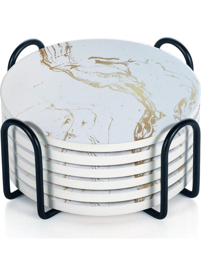 Decor & More - Ceramic Coasters with Matt Finish On Top & Cork Base | Coasters for Cups Set of 6 | Marble Style Ceramic Coaster for Tea, Coffee Table & Dining Table with Metal Holder - Image 1