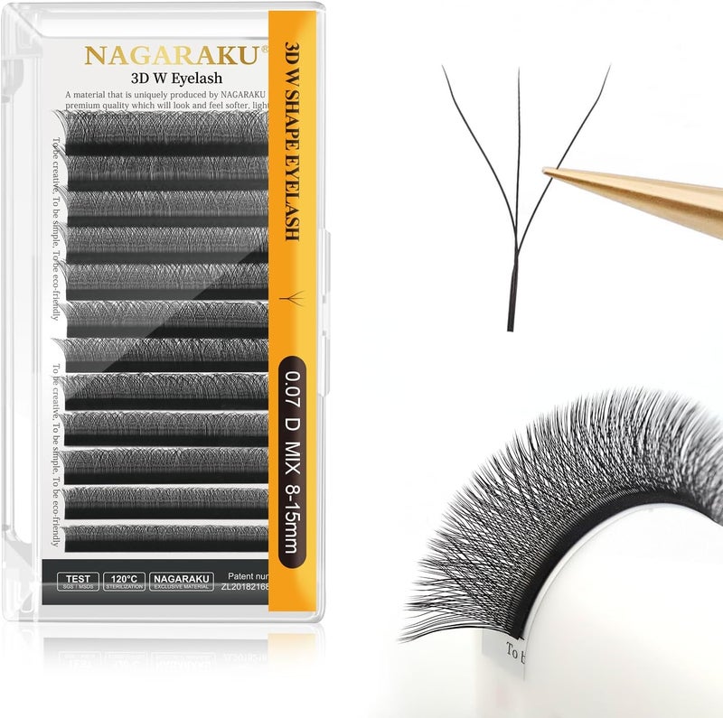 NAGARAKU 3D LashesW Shape Eyelash Extensions 007mm D Curl 815mm Mix Volume Lashes Hand Woven Long Stem Matte Black Premade Fans 3 Tips False Eyelash