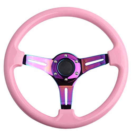 YEHICY Classic Pink Racing Steering Wheel Neo Chrome Spoke 350mm 14" Deep Dish ABS Hard Wood Steering Wheel with Horn Button - Image 1