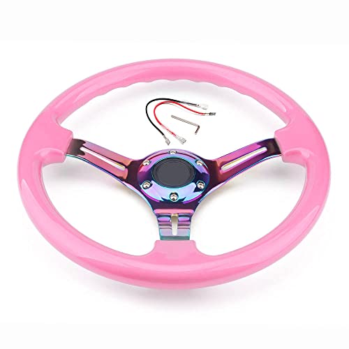 YEHICY Classic Pink Racing Steering Wheel Neo Chrome Spoke 350mm 14" Deep Dish ABS Hard Wood Steering Wheel with Horn Button - Image 2