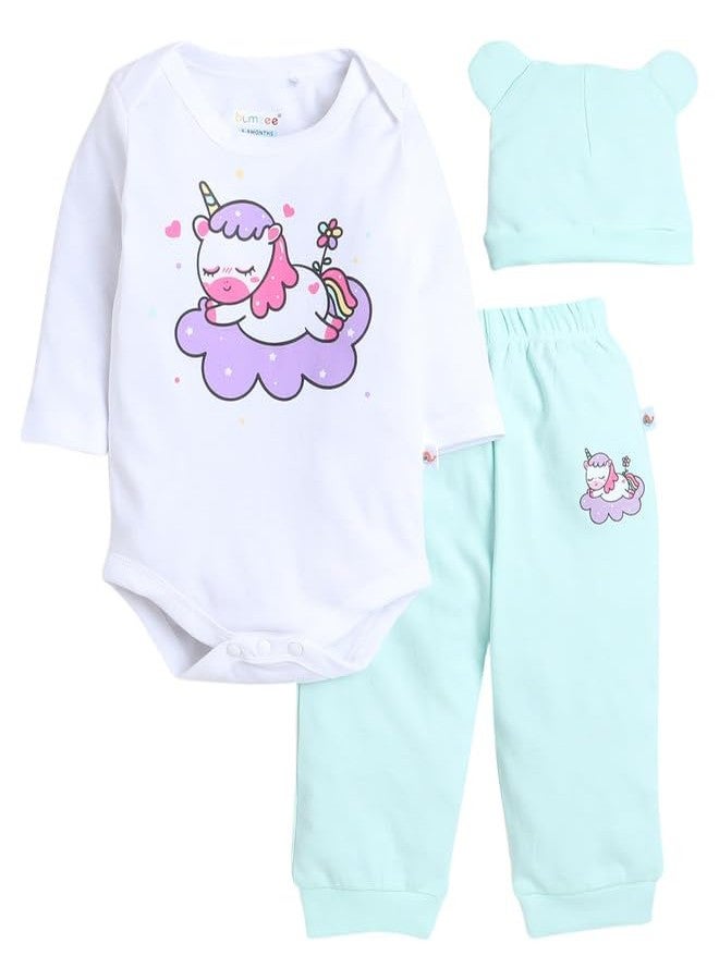 BUMZEE طقم ملابس داخلية قطنية بأكمام طويلة وبنطال رياضي وقبعة للبنات من بامزي باللونين الأخضر النعناعي والأبيض، مناسب للأعمار من 6 إلى 9 أشهر (Peb9848D-mgn.wht) - Image 1