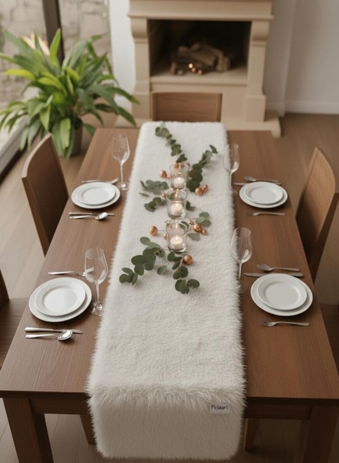 PICKKART Rainbow Faux Fur Table Runner, Elegant Dining Table Decor for Wedding Party, Home Decoration (White) - Image 3