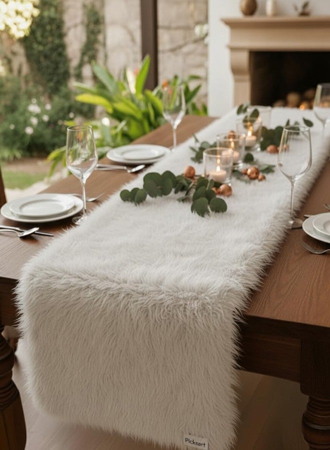 PICKKART Rainbow Faux Fur Table Runner, Elegant Dining Table Decor for Wedding Party, Home Decoration (White) - Image 1