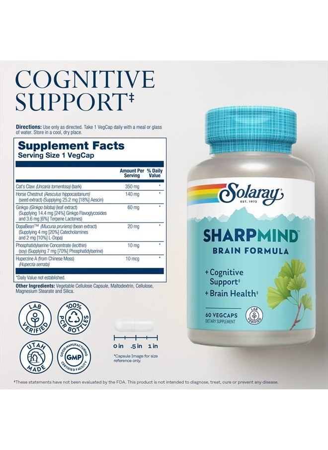 Solaray - Solaray SharpMind, Cognitive Support Formula with Ginkgo Leaf, L-Dopa, Huperzine A & More for Healthy Brain, Mood & Memory Support 60 VegCaps - Image 1