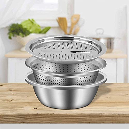 ONTRIP Stainless Steel Mirror Finish 3-in-1 Multipurpose Drain Basket- Grater- Basin Bowl; Vegetable Slicer for Kitchen Cutting | Nesting Strainer for Fruits and Other Items | Outer Diameter- 26cm - Image 3