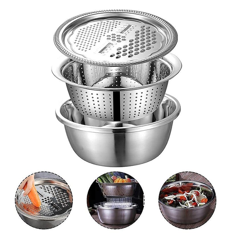 ONTRIP Stainless Steel Mirror Finish 3-in-1 Multipurpose Drain Basket- Grater- Basin Bowl; Vegetable Slicer for Kitchen Cutting | Nesting Strainer for Fruits and Other Items | Outer Diameter- 26cm - Image 1
