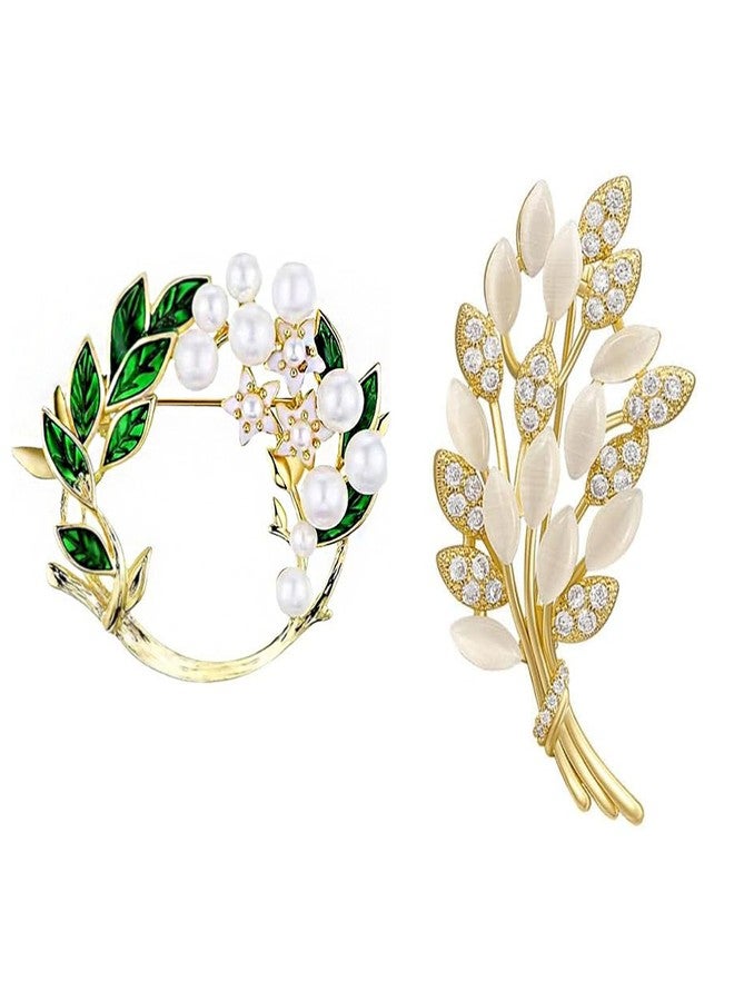 XFSAFDM 2Pcs Brooch Pin for Women, Pearl Enamel Camellia Brooch, Fashionable Safety Pin for Saree Pleats and Hijab, Elegant Accessory for Dresses and Special Occasions, Yellow and Green - Image 1
