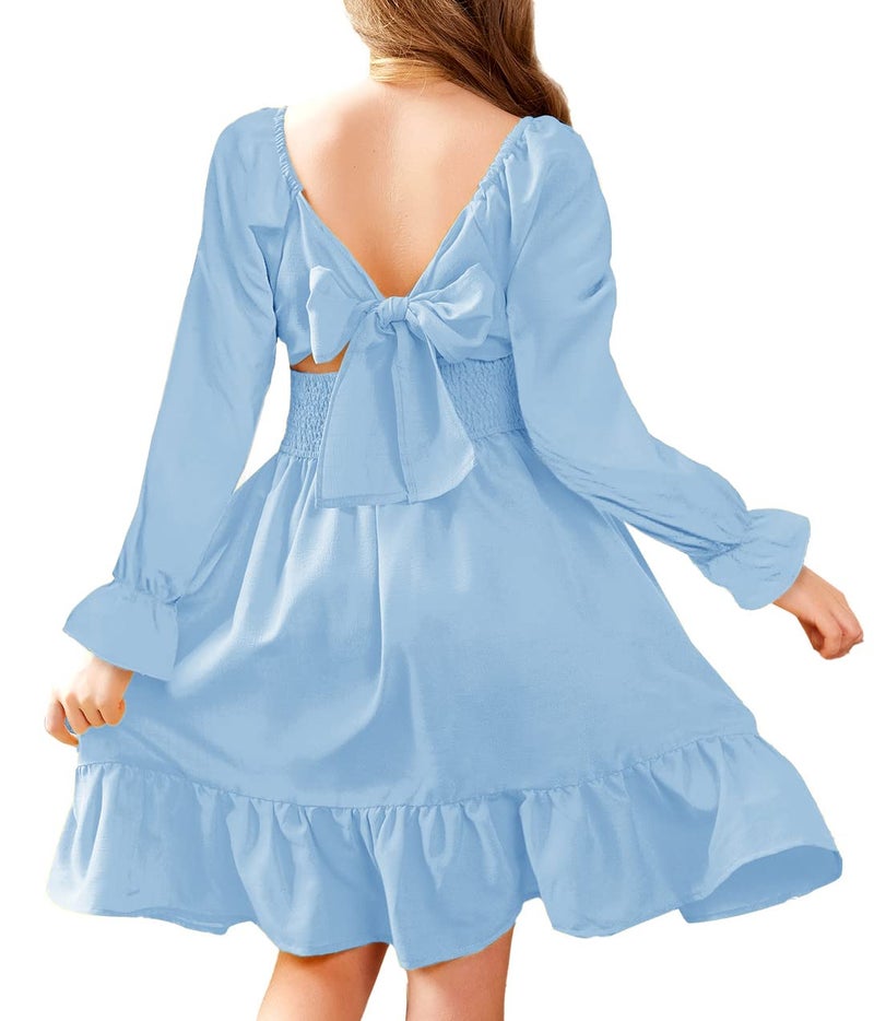 Arshiner Girls Tie Back Short Sleeve Ruffle Hem Off Shoulder Casual Elegant Dresses 4-12 Years, Ls-clear Blue, 8-9 Years - Image 1