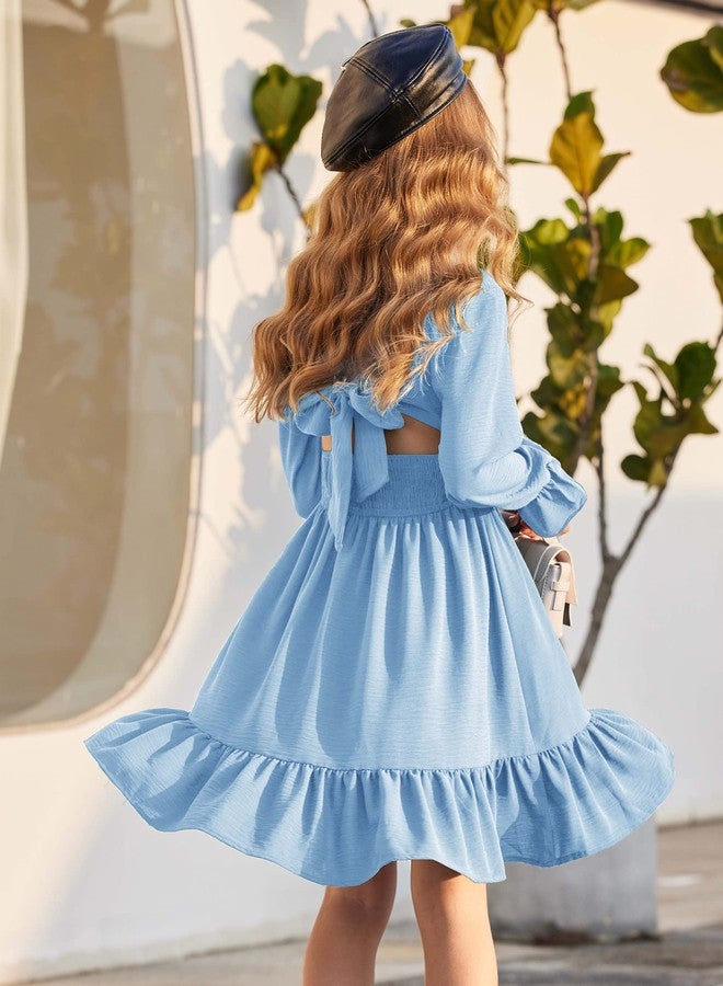 Arshiner Girls Tie Back Short Sleeve Ruffle Hem Off Shoulder Casual Elegant Dresses 4-12 Years, Ls-clear Blue, 8-9 Years - Image 3