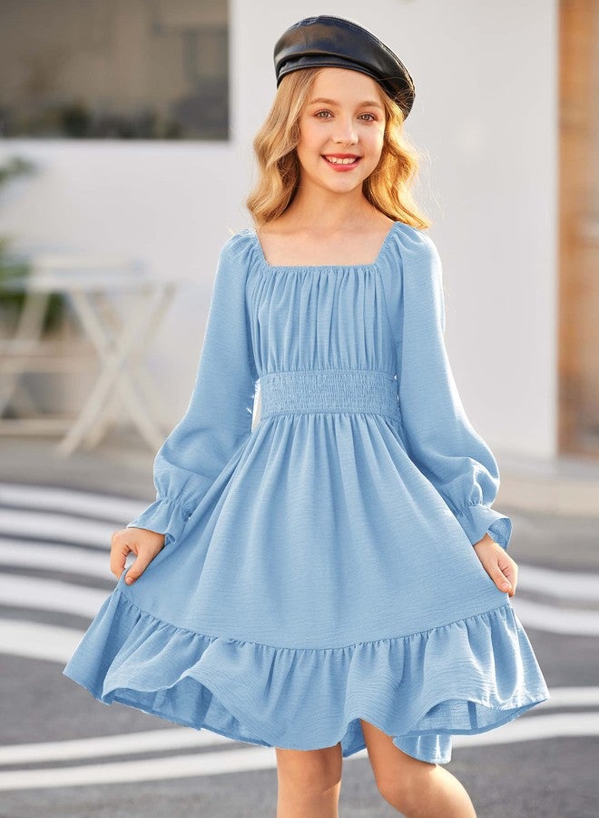 Arshiner Girls Tie Back Short Sleeve Ruffle Hem Off Shoulder Casual Elegant Dresses 4-12 Years, Ls-clear Blue, 8-9 Years - Image 2