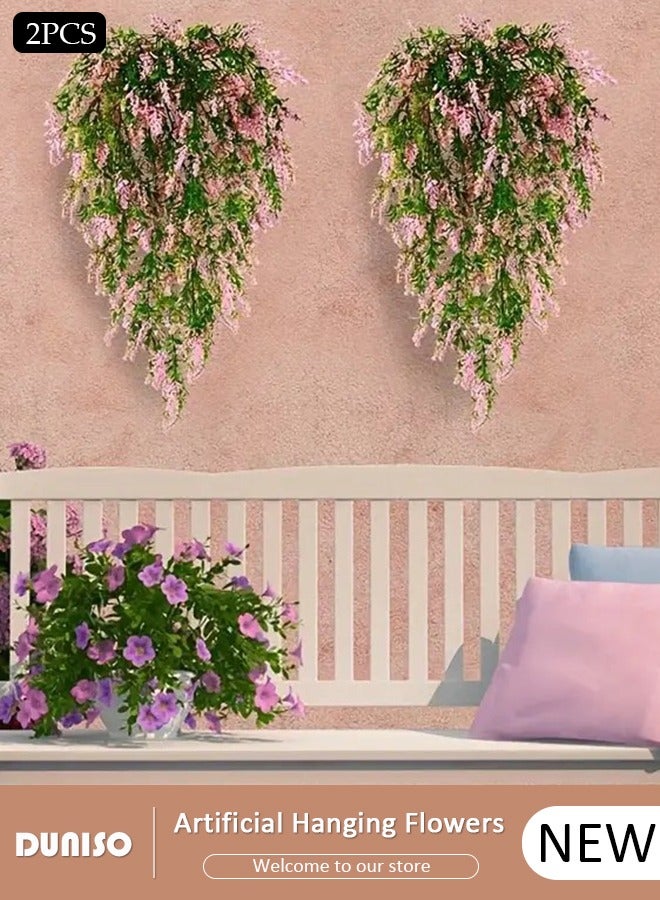 Artificial Fake Hanging Flowers Plants for Outdoor Spring Decor, 2pcs Artificial Flowers Vine Wall Hanging Garland, Fake Silk Flowers for Outdoor Indoor Patio Lawn Garden Decor, without flower basket(pink)