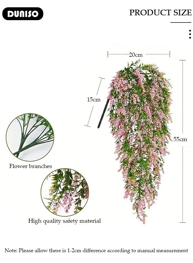 DUNISO نباتات زهور صناعية مزيفة معلقة للديكور الخارجي في الربيع، 2 قطع من زهور صناعية متسلقة لتزيين الجدران، زهور حرير مزيفة للديكور الخارجي والداخلي في الفناء والحديقة، بدون سلة زهور (وردي) - Image 3