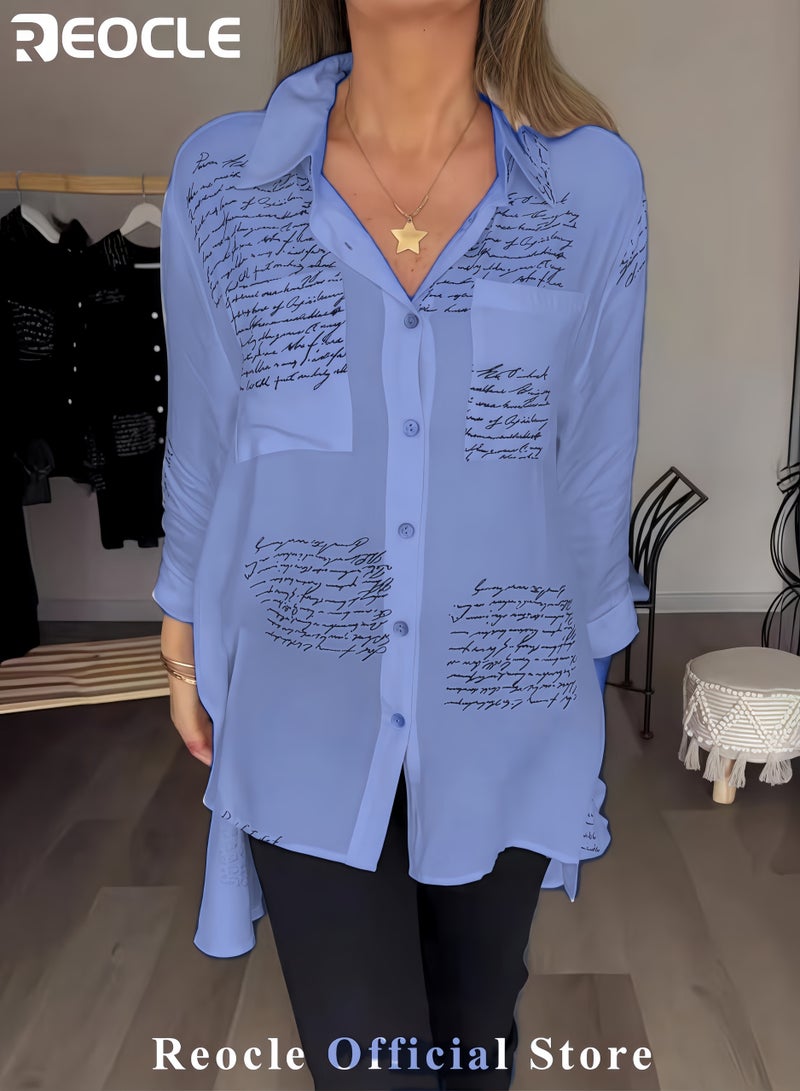 ريوكل قميص نسائي قميص موضة بطبعة حروف وياقة قميص بأكمام طويلة بطبعة صحف وأزرار قميص كاجوال فضفاض، قميص بأكمام طويلة وأنيق - Image 3
