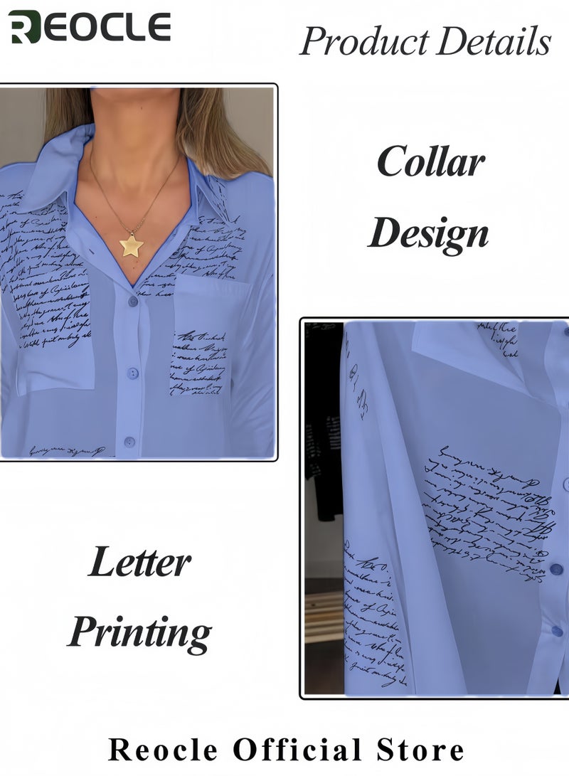 ريوكل قميص نسائي قميص موضة بطبعة حروف وياقة قميص بأكمام طويلة بطبعة صحف وأزرار قميص كاجوال فضفاض، قميص بأكمام طويلة وأنيق - Image 5