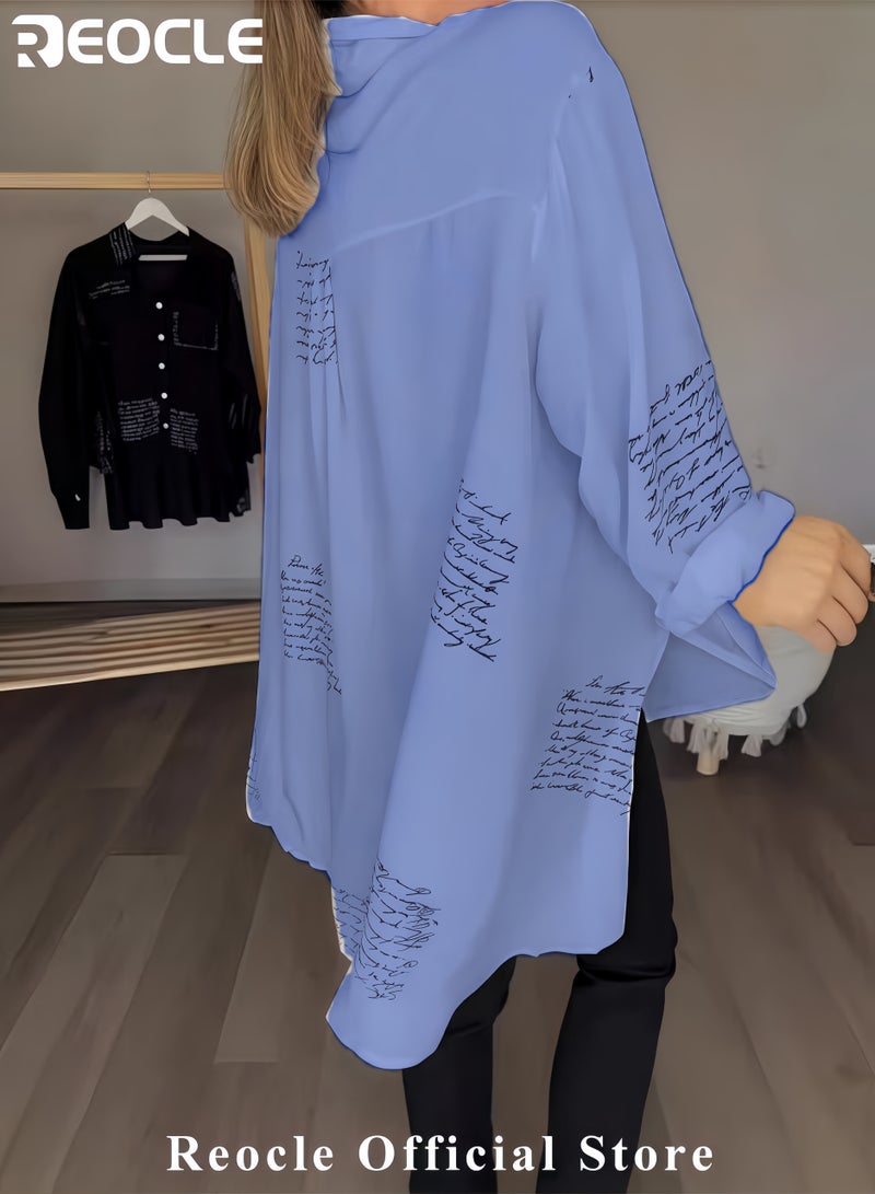 ريوكل قميص نسائي قميص موضة بطبعة حروف وياقة قميص بأكمام طويلة بطبعة صحف وأزرار قميص كاجوال فضفاض، قميص بأكمام طويلة وأنيق - Image 4