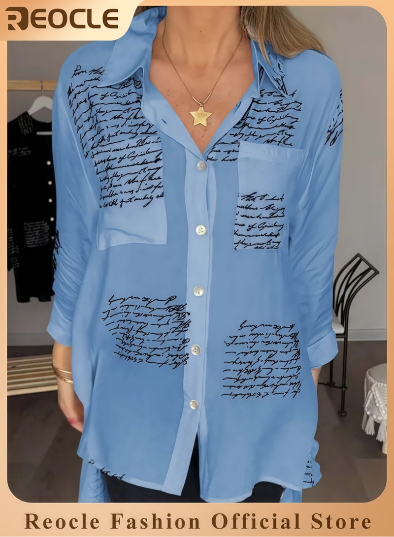 ريوكل قميص نسائي قميص موضة بطبعة حروف وياقة قميص بأكمام طويلة بطبعة صحف وأزرار قميص كاجوال فضفاض، قميص بأكمام طويلة وأنيق - Image 1