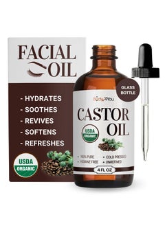 BodyJ4You Castor Oil for Face -Hair Growth Oil Eyelash and Eyebrows Brush Brow Serum Lash Oil -100% Pure Castor Oil USDA Organic Cold Pressed Unrefined Glass Bottle Hexane Free 4 Fl Oz