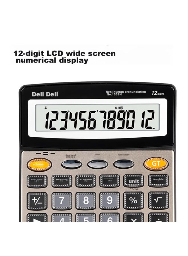Deli Digit Metal Panel Voice Calculator, Large Crystal Buttons, Large Screen Financial Calculator, Office Stationery Supplies, Large Size, Champagne Gold 1559n - Image 3