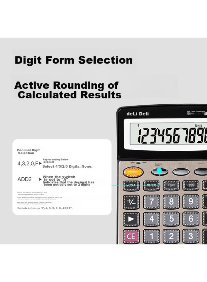 Deli Digit Metal Panel Voice Calculator, Large Crystal Buttons, Large Screen Financial Calculator, Office Stationery Supplies, Large Size, Champagne Gold 1559n - Image 1