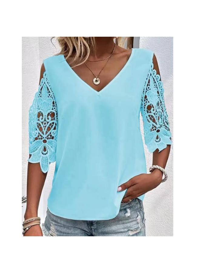 Solid Color V-Neck Lace Top – Half Sleeves, Casual Sweet Style