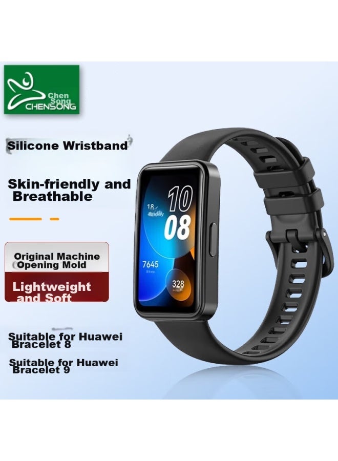 Chensong Silicone Watch Band Compatible With Huawei Band 8/9/10/nfc، Standard Version Smart Sports Wristband For Huawei Band 8/9/10، Black - Image 1