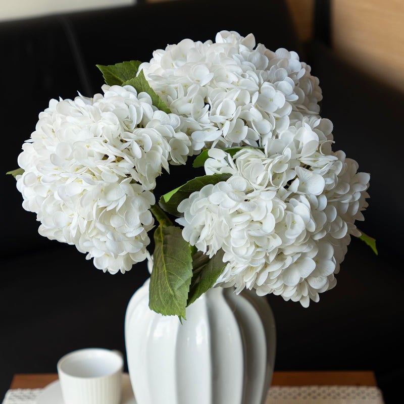 DUYONE 22" Real Soft Touch Hydrangea Artificial Flowers Realistic,Large Long Stem Fake Flowers Full Latex Faux,Wedding Bouquet,Party Home Decor,Garden Office Room Table Centerpieces White 3Pcs - Image 1