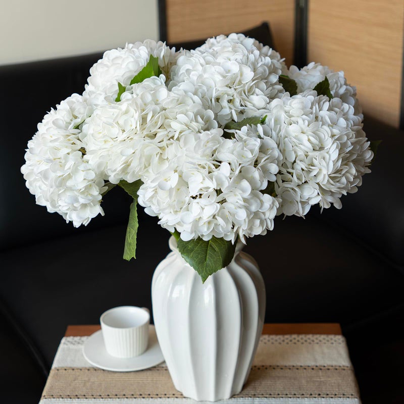 DUYONE 22" Real Soft Touch Hydrangea Artificial Flowers Realistic,Large Long Stem Fake Flowers Full Latex Faux,Wedding Bouquet,Party Home Decor,Garden Office Room Table Centerpieces White 3Pcs - Image 4