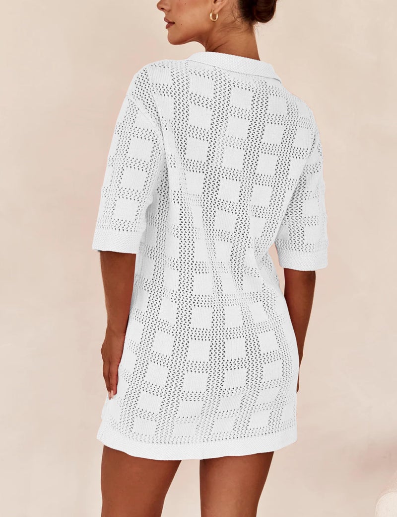 Lumister Lightweight Knit Dress Crochet Button Cover Up Bathing Suit Swimwear Knit Beach Summer Dress for Women White - Image 5